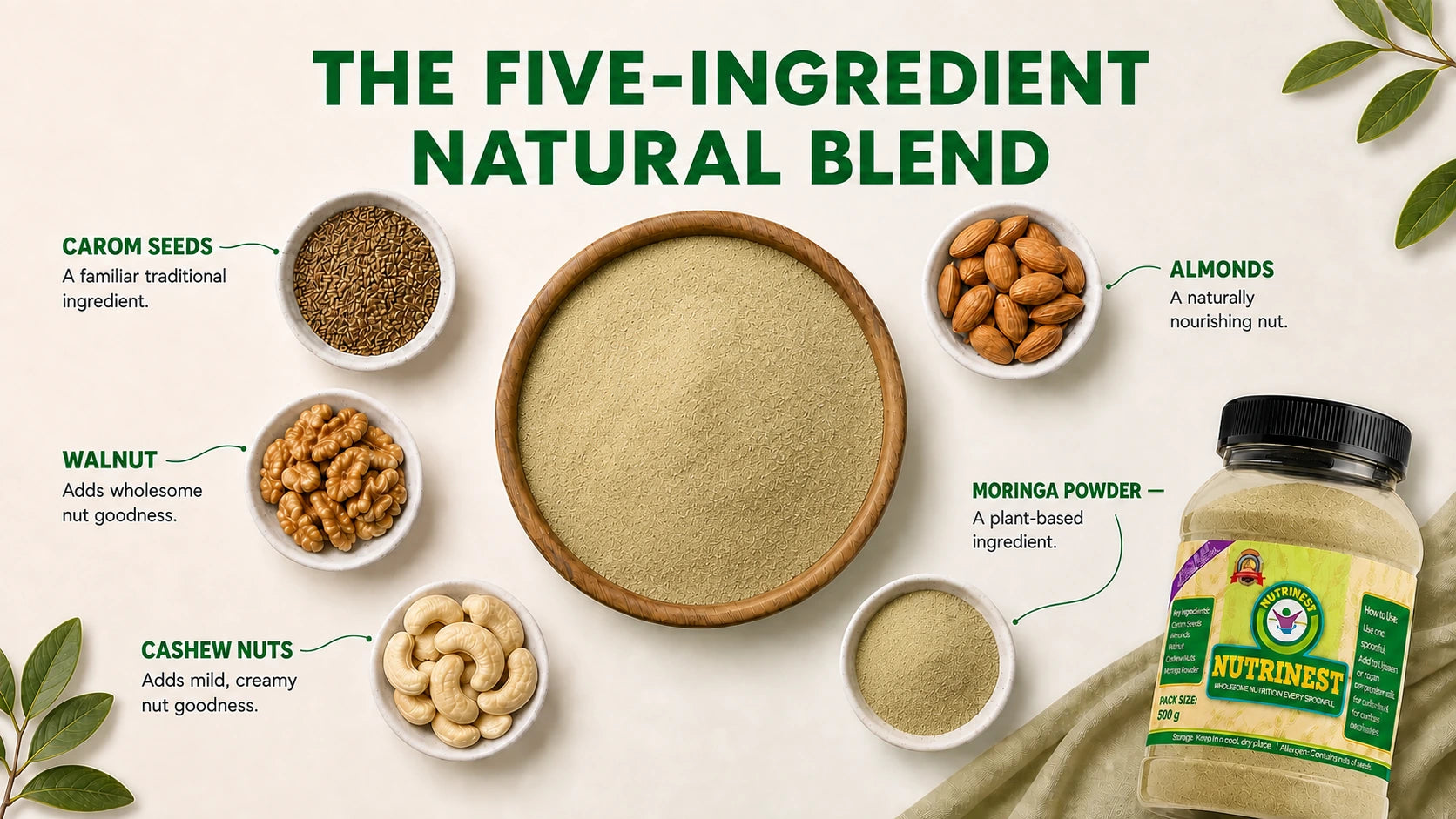 Nutrinest ingredient blend with Carom Seeds, Almonds, Walnut, Cashew Nuts and Moringa Powder