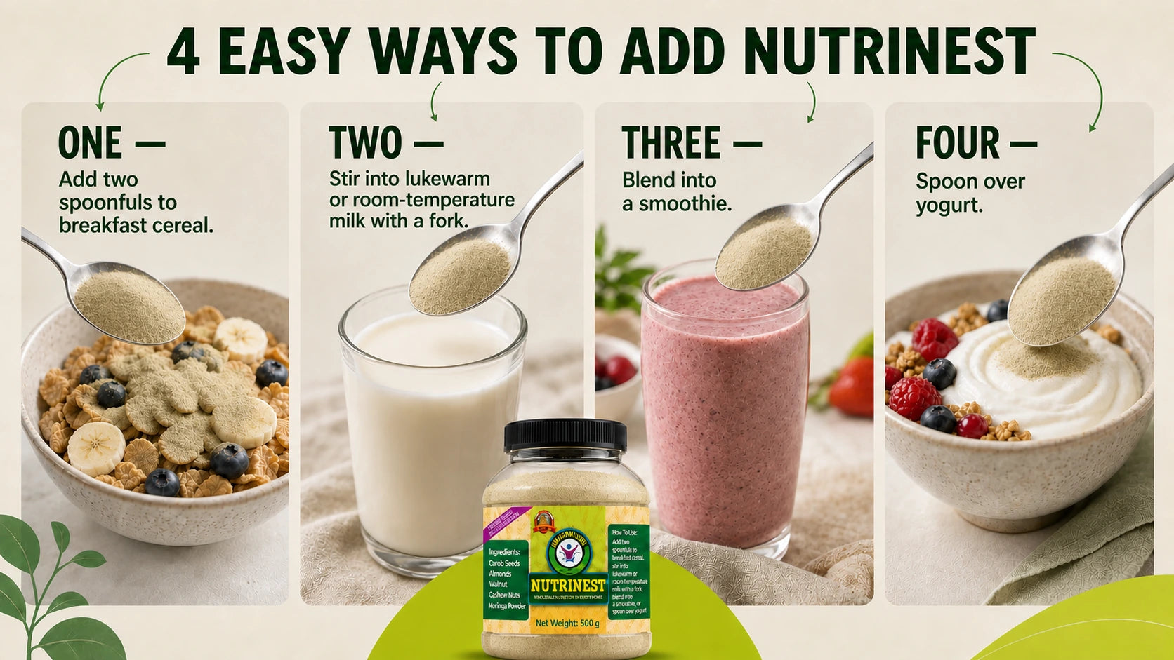 Four ways to enjoy Nutrinest with cereal, milk, a smoothie or yogurt